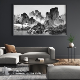 Tranh Thủy Mặc Núi Cao Sông Nước Vẽ Đen Trắng
