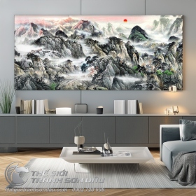 Tranh Thủy Mặc Núi Non Trùng Điệp Trong Sương