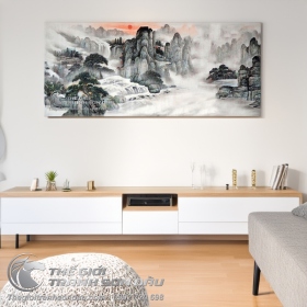 Tranh Thủy Mặc Núi Thác Trong Sương Khói