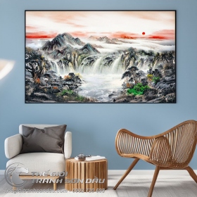 Tranh Thủy Mạc Thác Lớn Hùng Vĩ Hoàng Hôn