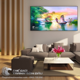 Tranh Thuyền Buồm Lênh Đênh Trên Mặt Hồ Xanh