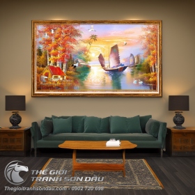 Tranh Thuyền Buồm Và Hàng Cây Lá Phong Đỏ