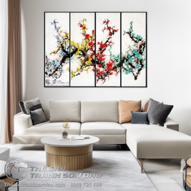 Tranh Tứ Quý Hoa Đào 4 Mùa 4 Màu