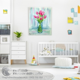 Tranh Vẽ Bình Hoa Tulip Màu Hồng