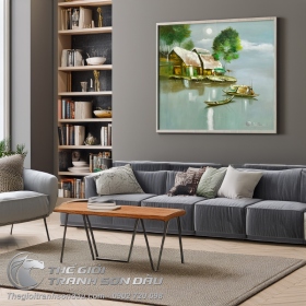 Tranh Vẽ Cảnh Quê Con Đò Bến Vắng