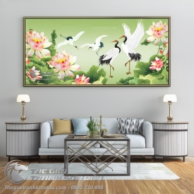 Tranh Vẽ Hai Đôi Chim Hạc Bên Đầm Sen Hồng