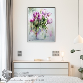 Tranh Vẽ Lọ Hoa Tulip Màu Tím Mộng Mơ