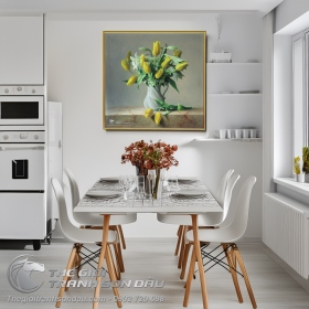 Tranh Vẽ Lọ Hoa Tulip Vàng Và Hoa Loa Kèn Trắng