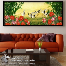 Tranh Vẽ Những Chú Chim Hạc Bên Hoa Mẫu Đơn Và Khóm Trúc