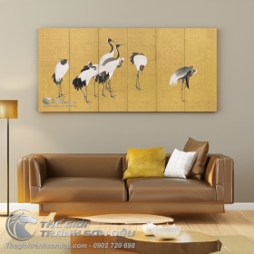 Tranh Vẽ Những Đôi Chim Hạc Trên Nền Màu Vàng Nhạt
