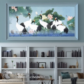 Tranh Vẽ Những Đôi Chim Hạc Trên Nền Xanh Dương
