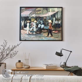 Tranh Vẽ Nữ Sinh Áo Dài và Cô Gái Gánh Hàng Rong