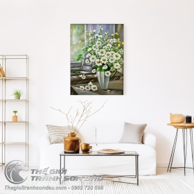 Tranh Vẽ Sơn Dầu Bình Hoa Cúc Trắng Nghệ Thuật