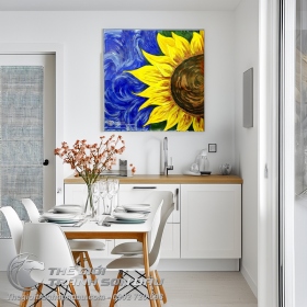 Tranh Vẽ Sơn Dầu Hoa Hướng Dương Trên Nền Xanh