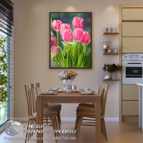 Tranh Vẽ Vườn Hoa Tulip Màu Hồng Đẹp