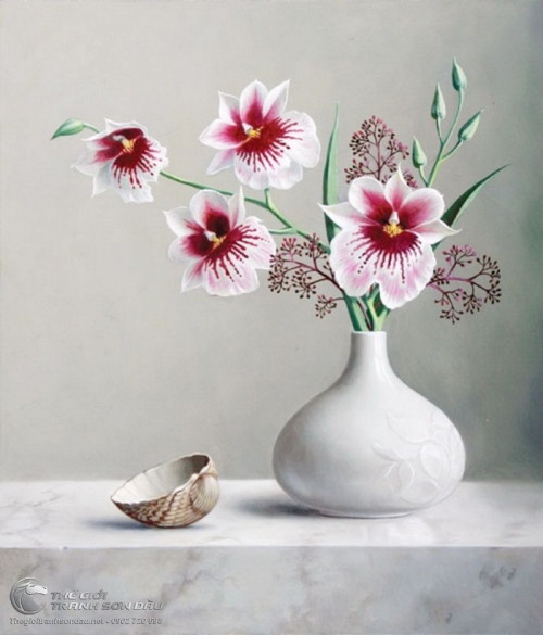 Tranh Bình Chứa Hoa Lan Và Vỏ Sò