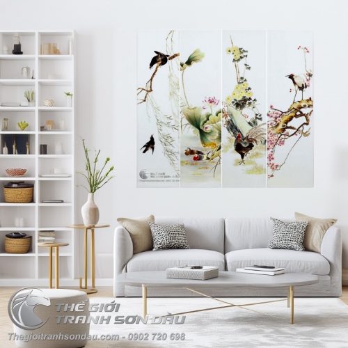 Tranh Bộ Tứ Quý Chim Gà Vịt Sếu và Hoa