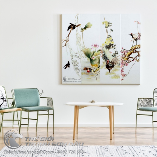 Tranh Bộ Tứ Quý Chim Gà Vịt Sếu và Hoa