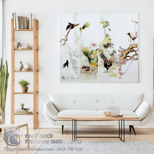 Tranh Bộ Tứ Quý Chim Gà Vịt Sếu và Hoa