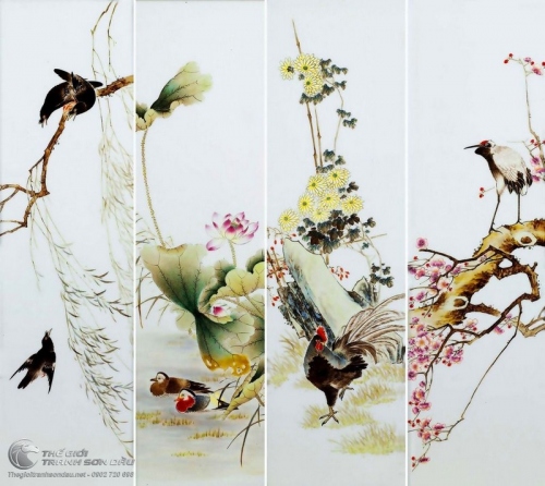 Tranh Bộ Tứ Quý Chim Gà Vịt Sếu và Hoa