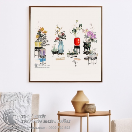 Tranh Bộ Tứ Quý Cúc Mai Sen Mẫu Đơn