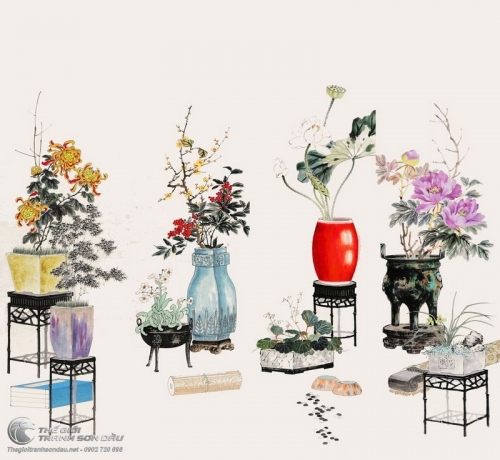 Tranh Bộ Tứ Quý Cúc Mai Sen Mẫu Đơn