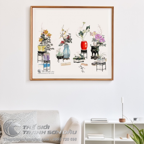 Tranh Bộ Tứ Quý Cúc Mai Sen Mẫu Đơn