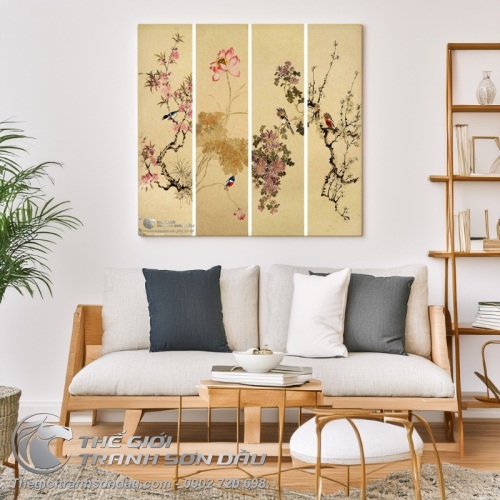 Tranh Bộ Tứ Quý Đào Sen Cúc Mai Và Chim