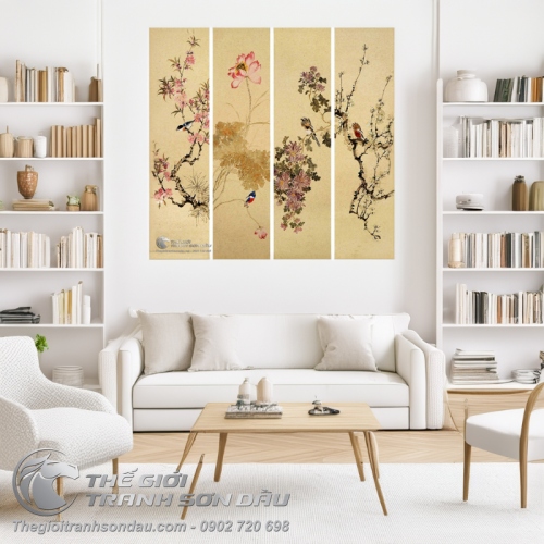 Tranh Bộ Tứ Quý Đào Sen Cúc Mai Và Chim
