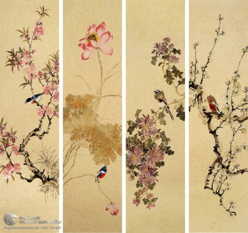 Tranh Bộ Tứ Quý Đào Sen Cúc Mai Và Chim