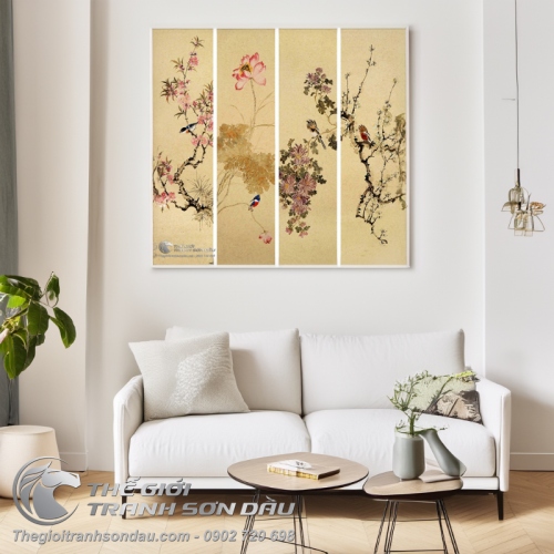 Tranh Bộ Tứ Quý Đào Sen Cúc Mai Và Chim