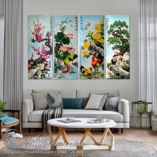 Tranh bộ tứ quý Đào Sen Cúc Tùng