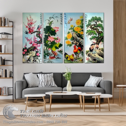 Tranh bộ tứ quý Đào Sen Cúc Tùng