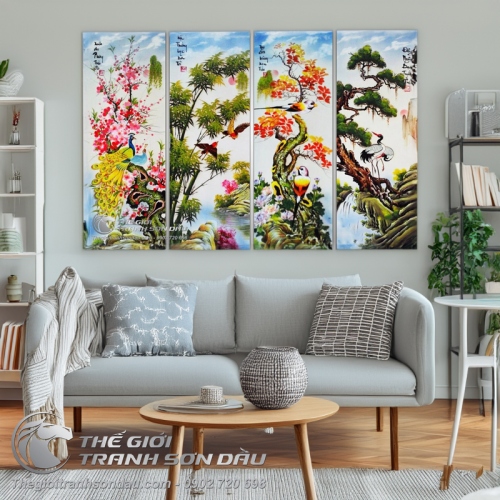 Tranh bộ tứ quý Đào Trúc Cúc Tùng vẽ sơn dầu