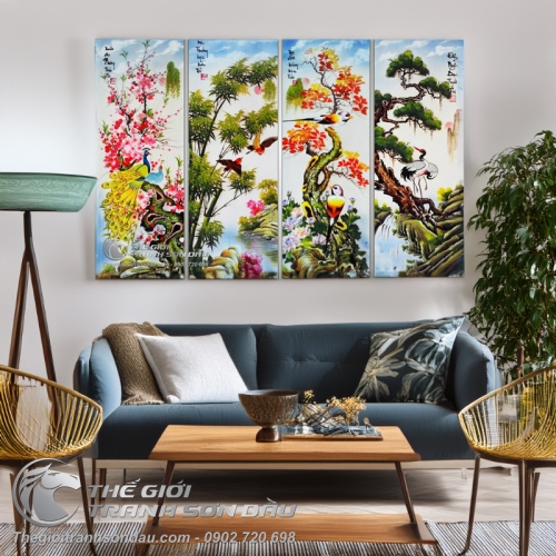Tranh bộ tứ quý Đào Trúc Cúc Tùng vẽ sơn dầu