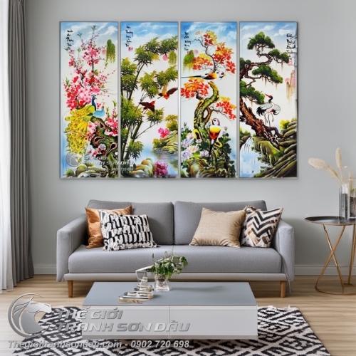 Tranh bộ tứ quý Đào Trúc Cúc Tùng vẽ sơn dầu