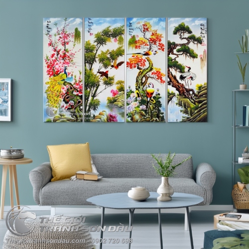 Tranh bộ tứ quý Đào Trúc Cúc Tùng vẽ sơn dầu