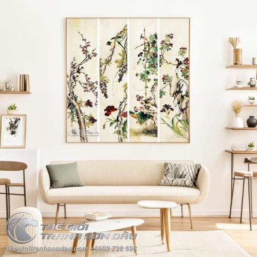 Tranh Bộ Tứ Quý Hoa Đào Đậu Biếc Và Chim Két