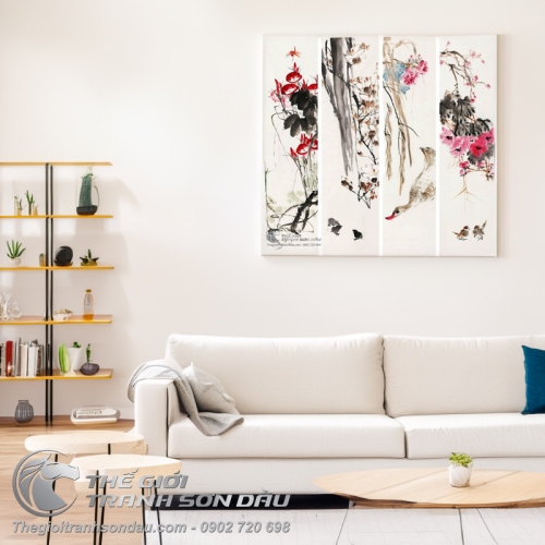 Tranh Bộ Tứ Quý Mẫu Đơn Mai Đào Chim Hạc