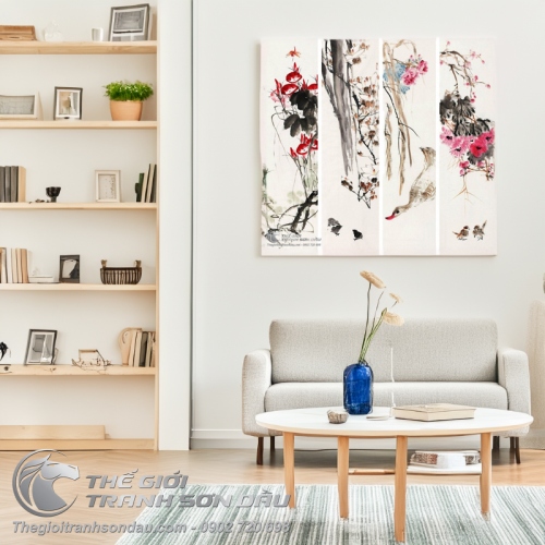 Tranh Bộ Tứ Quý Mẫu Đơn Mai Đào Chim Hạc