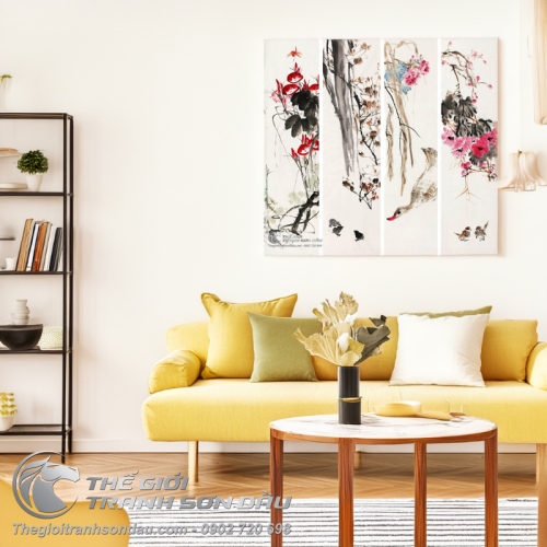 Tranh Bộ Tứ Quý Mẫu Đơn Mai Đào Chim Hạc