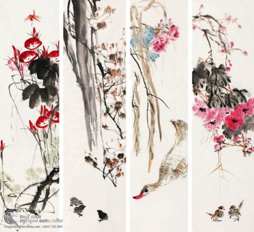 Tranh Bộ Tứ Quý Mẫu Đơn Mai Đào Chim Hạc