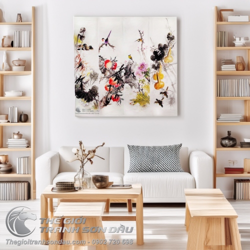 Tranh Bộ Tứ Quý Sen Quả Đào Mẫu Đơn Quả Bầu