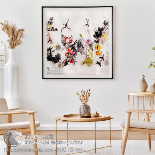 Tranh Bộ Tứ Quý Sen Quả Đào Mẫu Đơn Quả Bầu