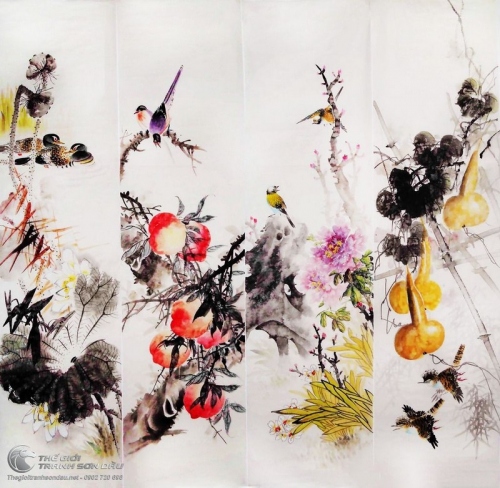 Tranh Bộ Tứ Quý Sen Quả Đào Mẫu Đơn Quả Bầu