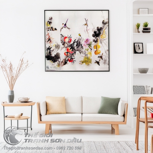 Tranh Bộ Tứ Quý Sen Quả Đào Mẫu Đơn Quả Bầu