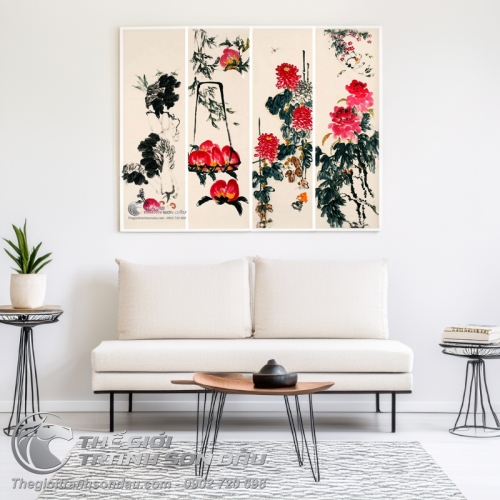 Tranh Bộ Tứ Quý Trúc Đào Cúc Mẫu Đơn