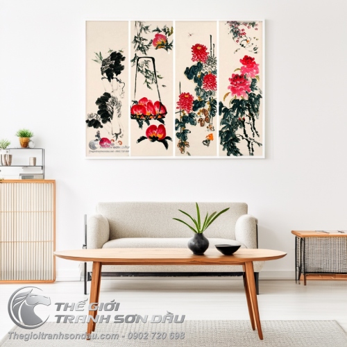Tranh Bộ Tứ Quý Trúc Đào Cúc Mẫu Đơn