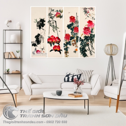 Tranh Bộ Tứ Quý Trúc Đào Cúc Mẫu Đơn