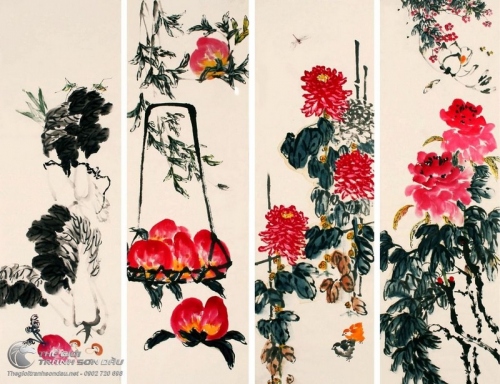 Tranh Bộ Tứ Quý Trúc Đào Cúc Mẫu Đơn